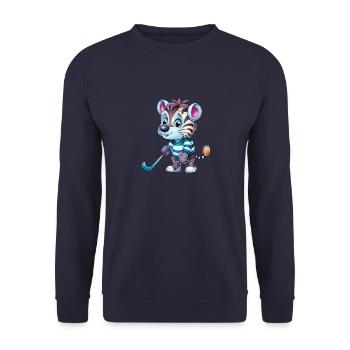 Zebra-Eishockeyspieler - Lustige Illustration - Unisex Pullover - Navy - Vorne - Alina (178cm) & Michal (187cm)