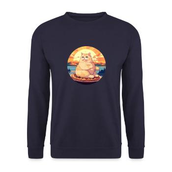 Sonnenuntergangs-Schmaus: Mollige Katze genießt - Unisex Pullover - Navy - Vorne - Alina (178cm) & Michal (187cm)