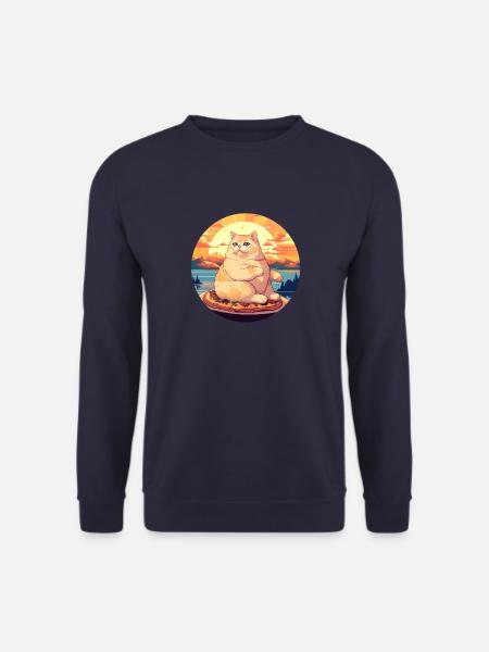 Sonnenuntergangs-Schmaus: Mollige Katze genießt - Unisex Pullover - Navy