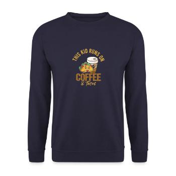 This Kid Runs on - Laufen Läufer Vintage Spruch - Unisex Pullover - Navy - Vorne - Alina (178cm) & Michal (187cm)