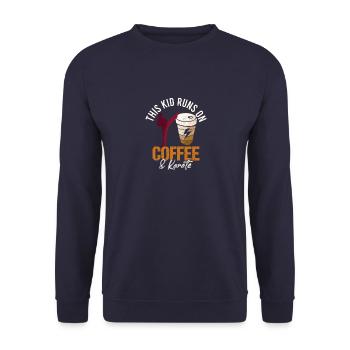 This Kid Runs On Coffee and Karate Sprüche - Unisex Pullover - Navy - Vorne - Alina (178cm) & Michal (187cm)