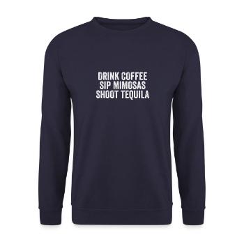 Kaffee trinken, Mimosen schlürfen, Tequila, mexikanisches Wortspiel - Unisex Pullover - Navy - Vorne - Alina (178cm) & Michal (187cm)