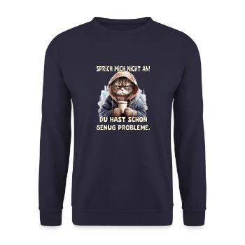 Lustiges Katze mit Kaffee und Spruch Design - Unisex Pullover - Navy - Vorne - Alina (178cm) & Michal (187cm)