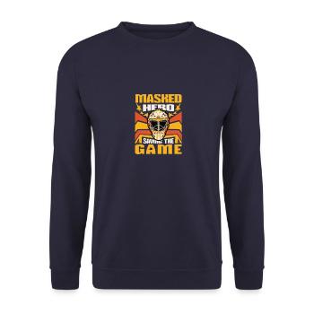 Maskierter Held Spielrettendes Eishockey - Unisex Pullover - Navy - Vorne - Alina (178cm) & Michal (187cm)