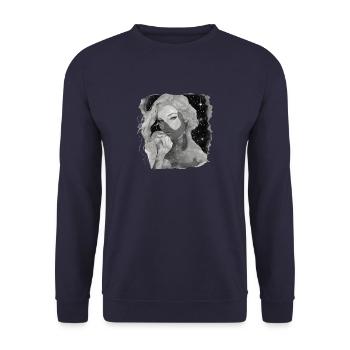 Ätherisches Mädchen und Sterne schwarz und weiß - Unisex Pullover - Navy - Vorne - Alina (178cm) & Michal (187cm)