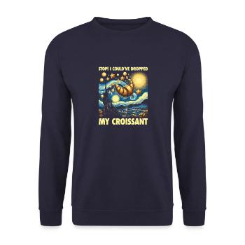 Stop! I Could've Dropped My Croissant. Meme Design - Unisex Sweatshirt - navy - Front - Alina (178cm) & Michal (187cm)