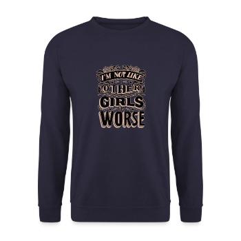 Ich bin nicht wie andere Mädchen, ich bin schlimmer - Unisex Pullover - Navy - Vorne - Alina (178cm) & Michal (187cm)
