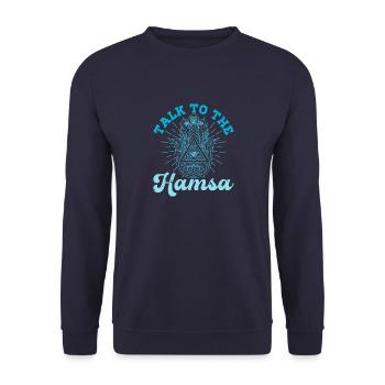 Hamsa Eye Hand Talisman Yoga Fluchschutz - Unisex Pullover - Navy - Vorne - Alina (178cm) & Michal (187cm)
