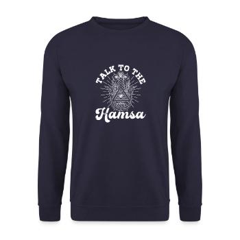 Hamsa Eye Hand Talisman Yoga Fluchschutz - Unisex Pullover - Navy - Vorne - Alina (178cm) & Michal (187cm)