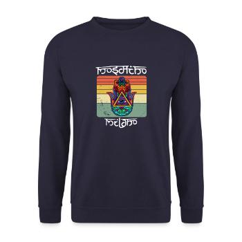 Yoga Namaste Hamsa Eye Hand Fluchschutz - Unisex Pullover - Navy - Vorne - Alina (178cm) & Michal (187cm)