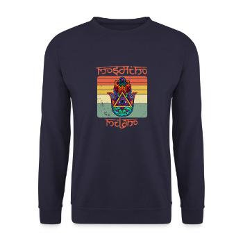 Yoga Namaste Hamsa Eye Hand Fluchschutz - Unisex Pullover - Navy - Vorne - Alina (178cm) & Michal (187cm)