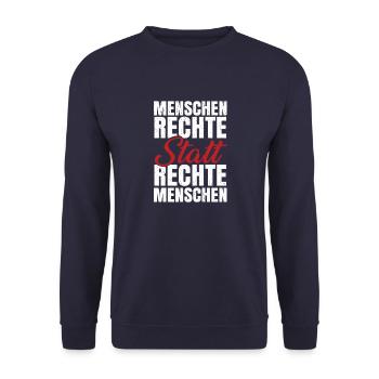 Menschenrechte statt rechte Menschen. Für Toleranz - Unisex Pullover - Navy - Vorne - Alina (178cm) & Michal (187cm)