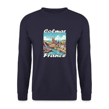 Colmar Altstadt Hafen und Kanal im Kolonialstil - Unisex Pullover - Navy - Vorne - Alina (178cm) & Michal (187cm)