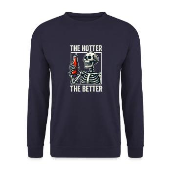 Je heißer, desto besser, lustiges Skelett mit heißem Sauc - Unisex Pullover - Navy - Vorne - Alina (178cm) & Michal (187cm)