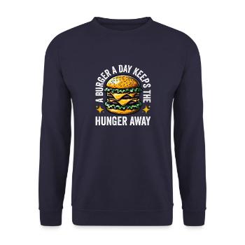 A Burger A Day Keeps The Hunger Away Funny - Unisex Sweatshirt - navy - Front - Alina (178cm) & Michal (187cm)