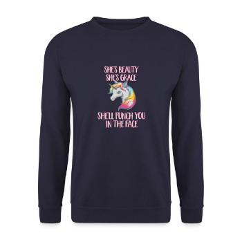 She's Beauty She's Grace She'll Punch You Unicorn - Unisex Sweatshirt - navy - Front - Alina (178cm) & Michal (187cm)