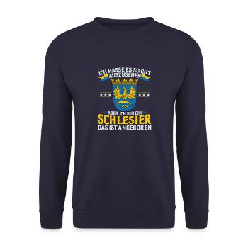 Schlesien Flagge Provinz Breslau Region Heimat - Unisex Pullover - Navy - Vorne - Alina (178cm) & Michal (187cm)
