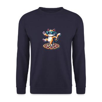 Cool cat in sunglasses eating pizza and dancing - Unisex Sweatshirt - navy - Front - Alina (178cm) & Michal (187cm)