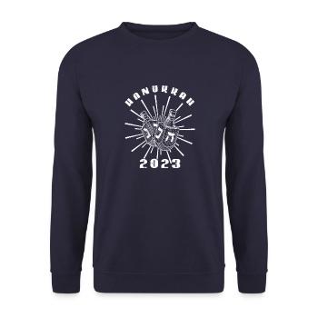 Chanukka Menora Hebräisch Jüdische Tradition - Unisex Pullover - Navy - Vorne - Alina (178cm) & Michal (187cm)
