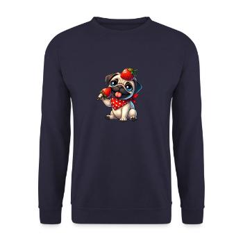 Skurriler Hund Mops mit Erdbeere auf Kopf Fruchtig - Unisex Pullover - Navy - Vorne - Alina (178cm) & Michal (187cm)