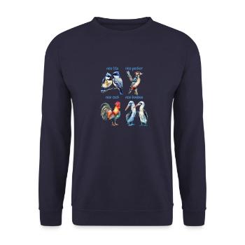 Drôles d’oiseaux nommés Nice birds - Sweat-shirt Unisexe - marine - Devant - Alina (178cm) & Michal (187cm)