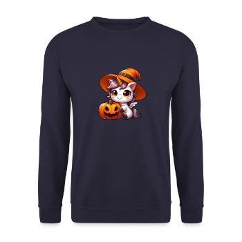 Skurriles Halloween Einhorn Dinosaurier mit - Unisex Pullover - Navy - Vorne - Alina (178cm) & Michal (187cm)