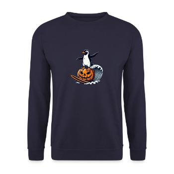 Halloween Pinguin Kürbis Surfer Surfbrett - Unisex Pullover - Navy - Vorne - Alina (178cm) & Michal (187cm)