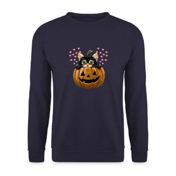 Kürbis Kitty Love für den Herbst - Unisex Pullover - Navy - Vorne - Alina (178cm) & Michal (187cm)
