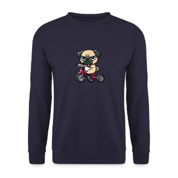 Funny Pug on Tricycle - Unisex Sweatshirt - navy - Front - Alina (178cm) & Michal (187cm)