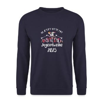 Ab jetzt bitte mit sie ansprechen Jugendweihe 2025 - Unisex Pullover - Navy - Vorne - Alina (178cm) & Michal (187cm)