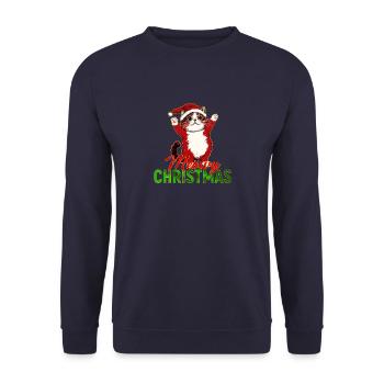 Meowy Christmas – Lustige Katze im Weihnachtsmann - Unisex Pullover - Navy - Vorne - Alina (178cm) & Michal (187cm)