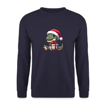 Weihnachtst-Rex Balancierender Dino Weihnachtsmann - Unisex Pullover - Navy - Vorne - Alina (178cm) & Michal (187cm)