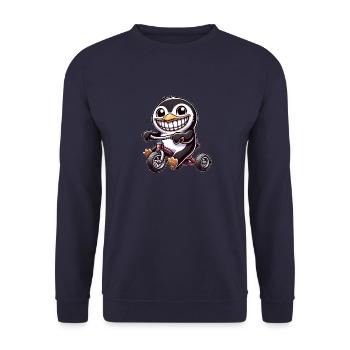 Cheerful penguin on tricycle showing teeth - Unisex Sweatshirt - navy - Front - Alina (178cm) & Michal (187cm)