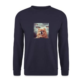 Pomeranian Selfie mit UFOs, seltsamer Druck - Unisex Pullover - Navy - Vorne - Alina (178cm) & Michal (187cm)