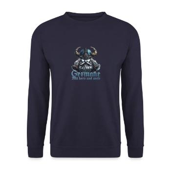 Germane mit Herz und Seele Nordisch Wikinger - Unisex Pullover - Navy - Vorne - Alina (178cm) & Michal (187cm)