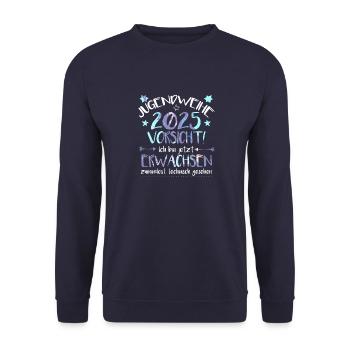 Jugendweihe 2025 Vorsicht! Ich bin jetzt erwachsen - Unisex Pullover - Navy - Vorne - Alina (178cm) & Michal (187cm)