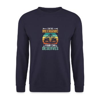 KFZ – Mechaniker Car Mechanik Vintage Werkstatt - Unisex Pullover - Navy - Vorne - Alina (178cm) & Michal (187cm)