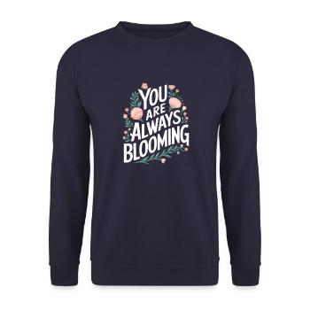 Du Bist Immer Am Erblühen Mit Blumenmotiv - Unisex Pullover - Navy - Vorne - Alina (178cm) & Michal (187cm)