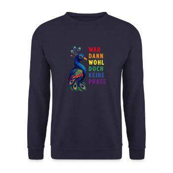Pfau LGBTQ CSD LGBT Gay Pride Regenbogen Flagge - Unisex Pullover - Navy - Vorne - Alina (178cm) & Michal (187cm)