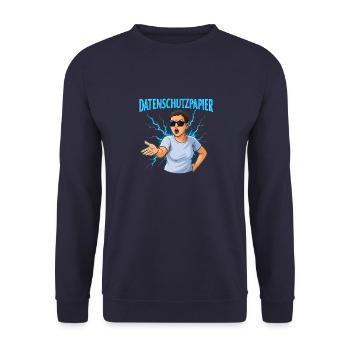 Datenschutzpapier – Satire Design - Unisex Pullover - Navy - Vorne - Alina (178cm) & Michal (187cm)