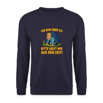 Camping Ü50 – Helft mir aus dem Zelt! - Unisex Pullover - Navy - Vorne - Alina (178cm) & Michal (187cm)