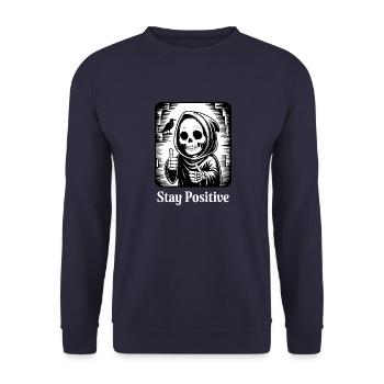 Stay Positive – Grim Reaper Skeleton Design Humor - Unisex Sweatshirt - navy - Front - Alina (178cm) & Michal (187cm)