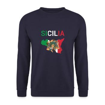 Sizilien Mittelmeer Urlaub Italien Trinacria - Unisex Pullover - Navy - Vorne - Alina (178cm) & Michal (187cm)