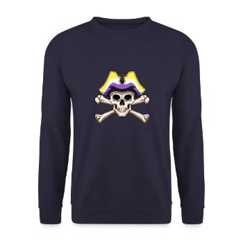 Lustige nicht-binäre Piraten-Jolly Roger - Unisex Pullover - Navy - Vorne - Alina (178cm) & Michal (187cm)