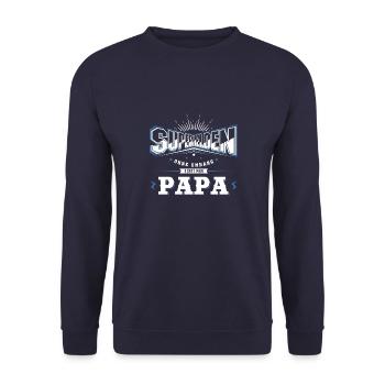 Superhelden ohne Umhang nennt man Papa - Unisex Pullover - Navy - Vorne - Alina (178cm) & Michal (187cm)