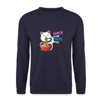 Anime und Ramen Maneki Neko - Otaku-Nudelsuppe - Unisex Pullover - Navy - Vorne - Alina (178cm) & Michal (187cm)