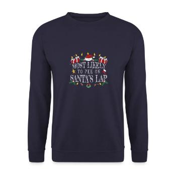 Am ehesten pinkelt er auf den Schoß des Weihnachtsmanns - Unisex Pullover - Navy - Vorne - Alina (178cm) & Michal (187cm)