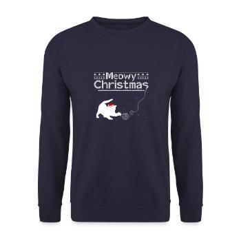 Miauige Weihnachten - Entzückende Katze mit Nikolausmütze - Unisex Pullover - Navy - Vorne - Alina (178cm) & Michal (187cm)