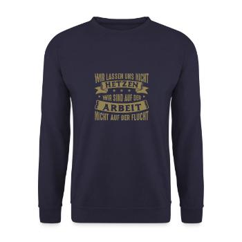 Wir lassen uns nicht hetzen Cess Spruch - Unisex Pullover - Navy - Vorne - Alina (178cm) & Michal (187cm)