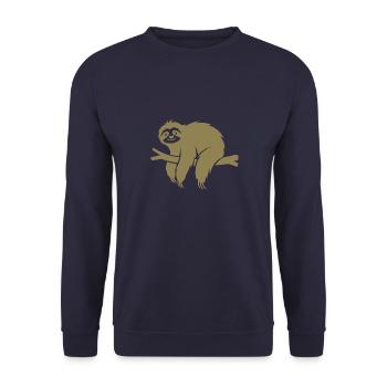 Minimalistisches Faultier entspannt auf einem Ast - Unisex Pullover - Navy - Vorne - Alina (178cm) & Michal (187cm)